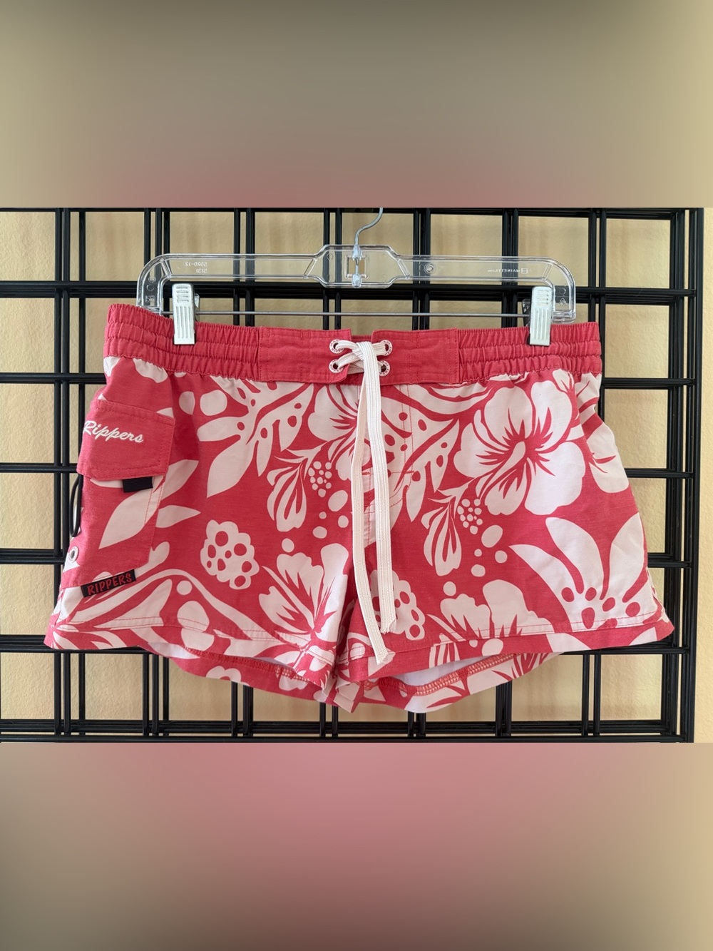 Maui Rippers Hawaiian Hibiscus Board Shorts S/M Red White Floral Swim Surf